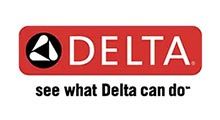 Delta logo in white letters on a red rectangle, with a black and white triangle emblem, and the tagline
