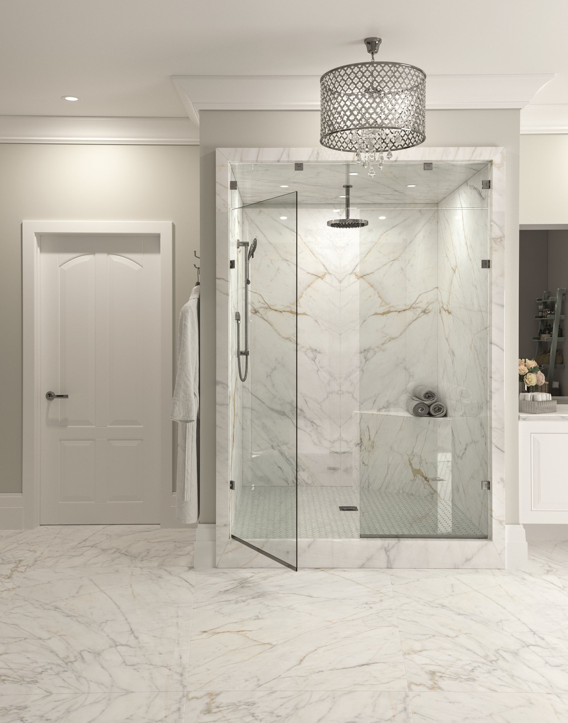 Luxurious marble shower with glass doors