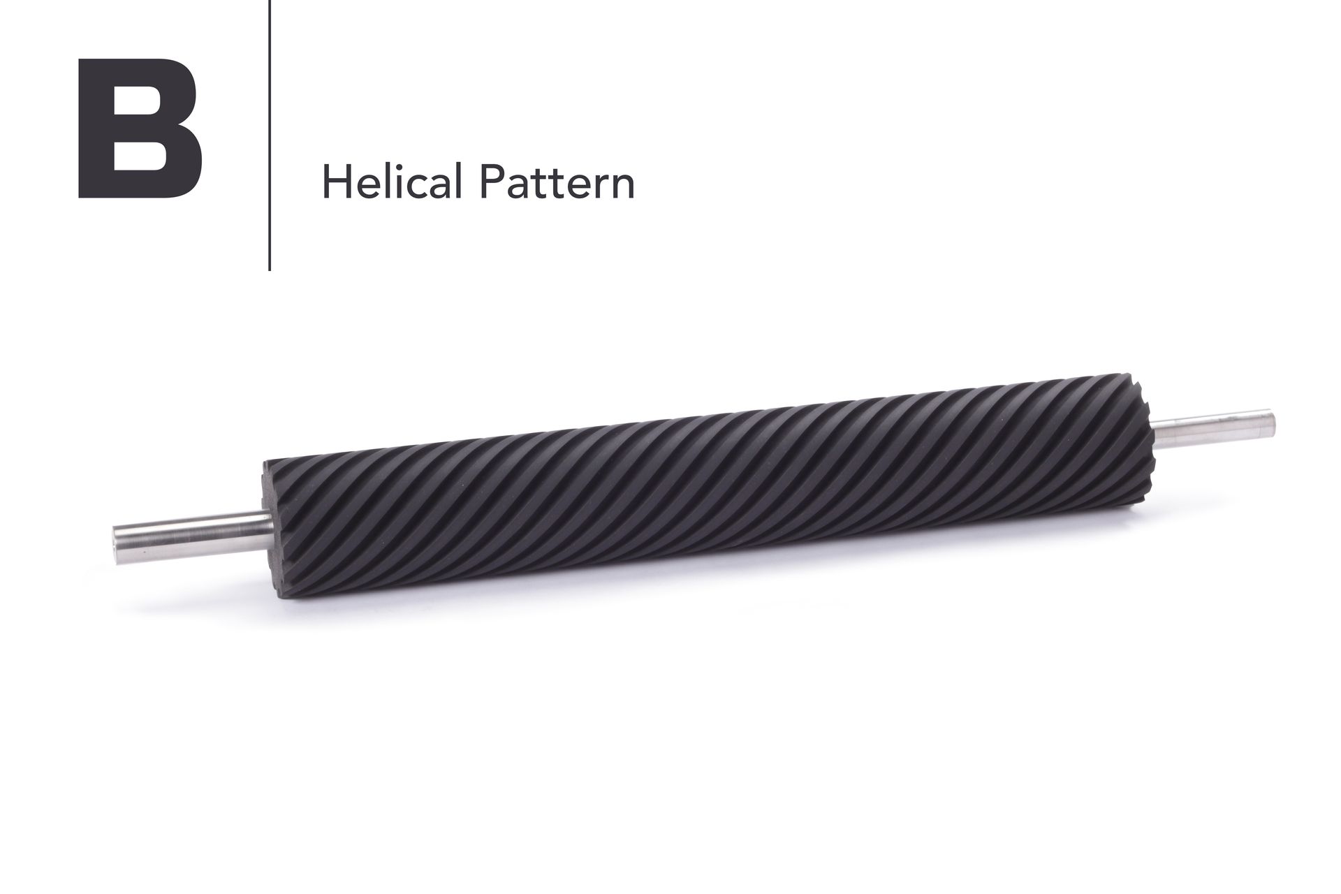 A black rubber roller with a helical pattern on a white background.