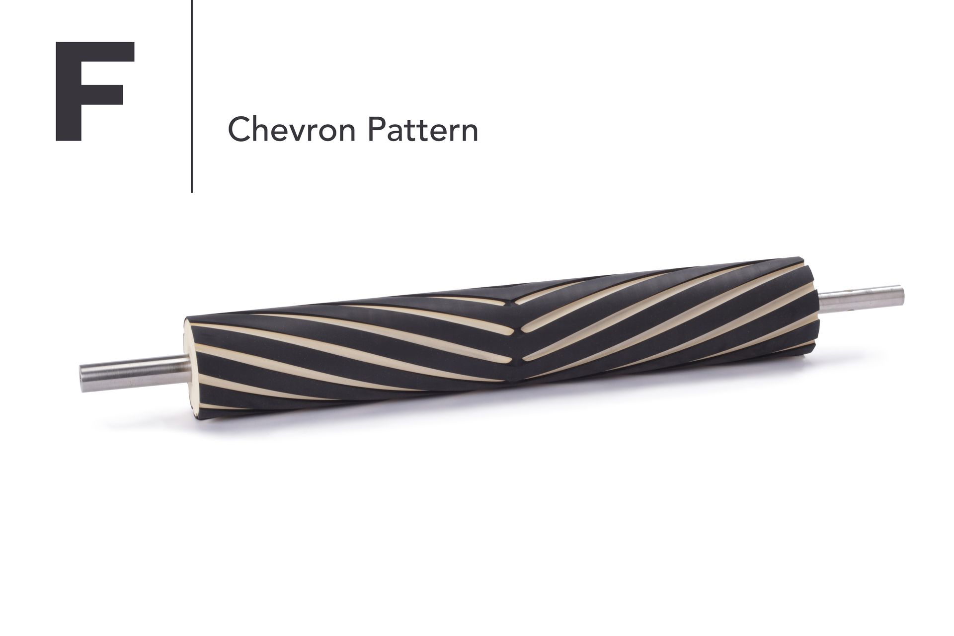 A black and white chevron pattern roller with two metal handles on a white background.