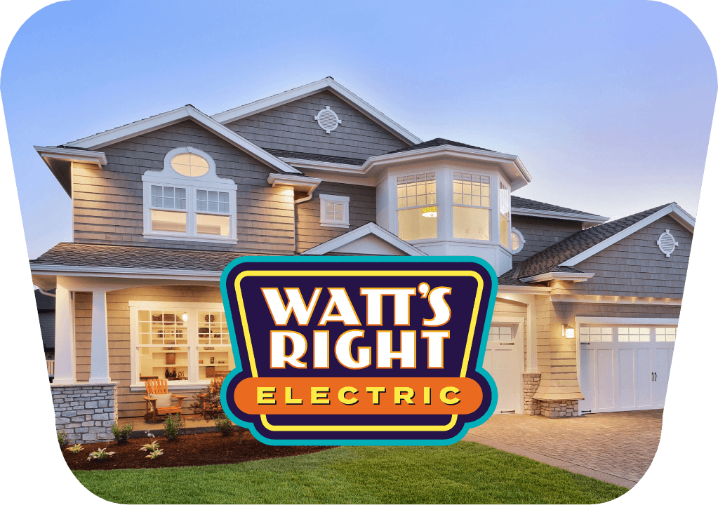 A house with a watt 's right electric logo in front of it.