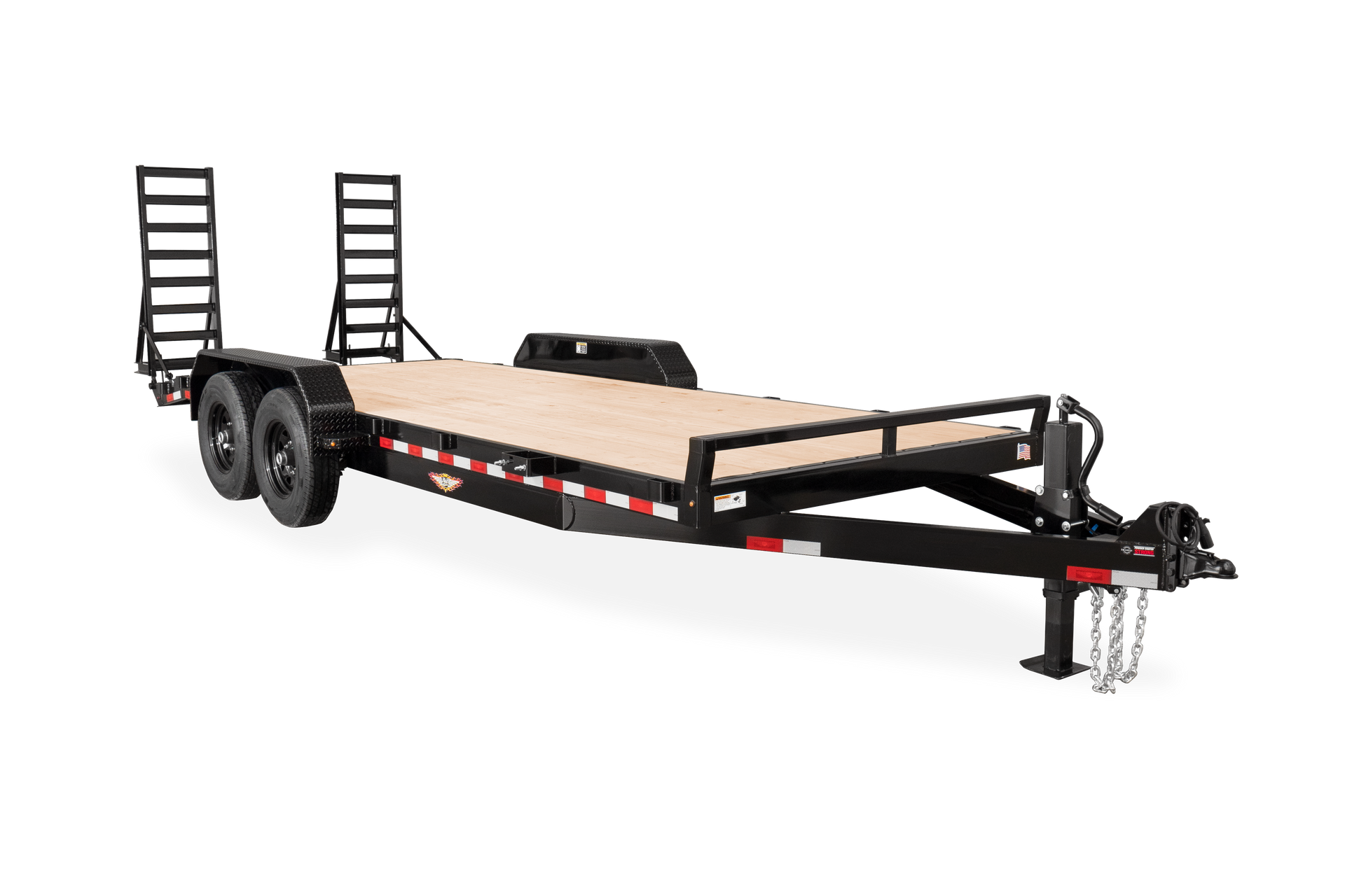 Black and tan flatbed trailer with a wooden deck, hitch, and wheels