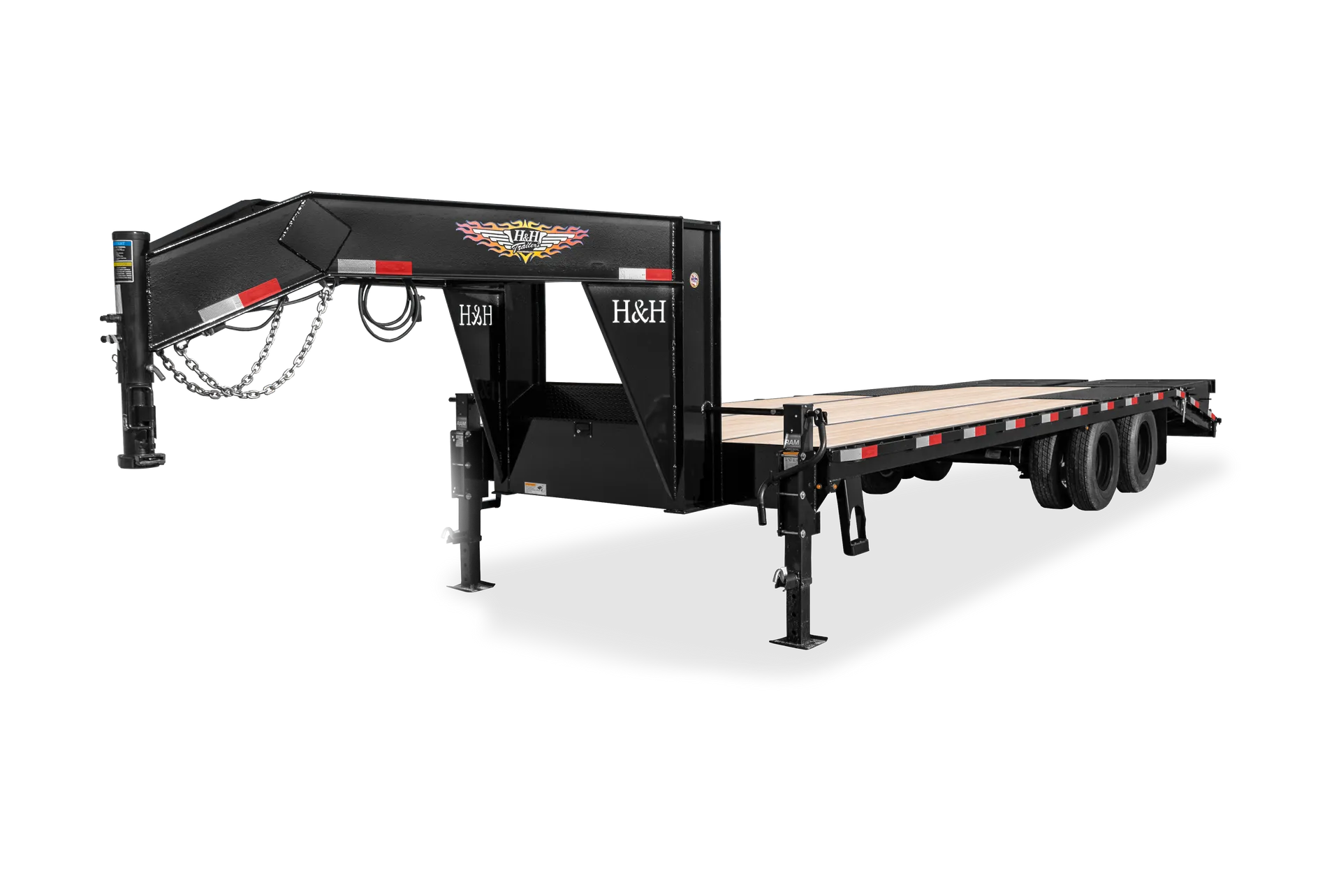 Black flatbed semi-trailer with hydraulic suspension and gooseneck hitch
