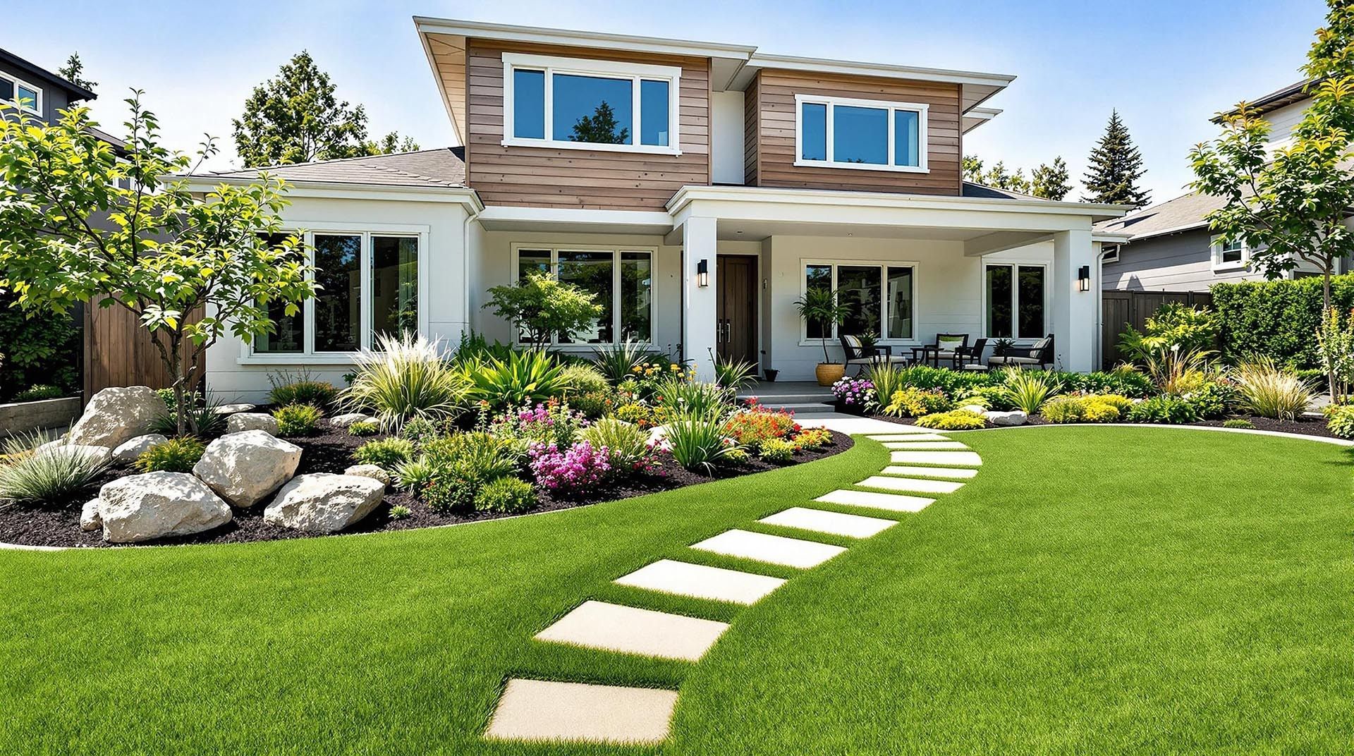Modern two-story house with white trim, lush green lawn, flower beds, and stone stepping path
