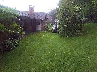 Grassy backyard beside a small house with a brick chimney and trees in the background