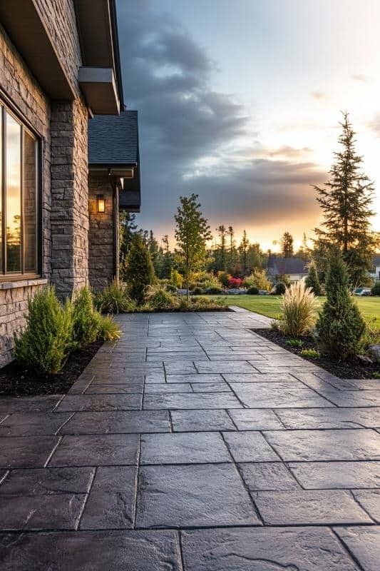 Stone patio beside a modern brick house at sunset, with shrubs and evergreen trees in the yard.