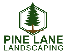 Pine Lane Landscaping logo with green pine tree inside hexagon and brown text on white background