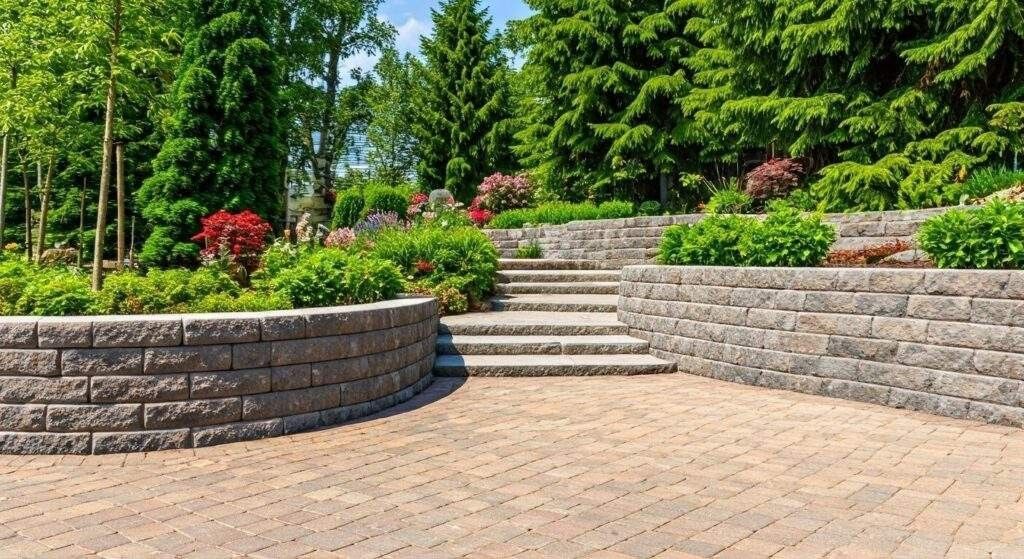 Landscaped garden with stone steps, curved retaining walls, and green trees in bright sunlight