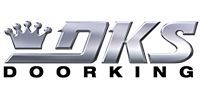 The logo for dks door king has a crown on it.