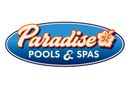 the logo for paradise pools and spas is a blue oval with a flower on it .