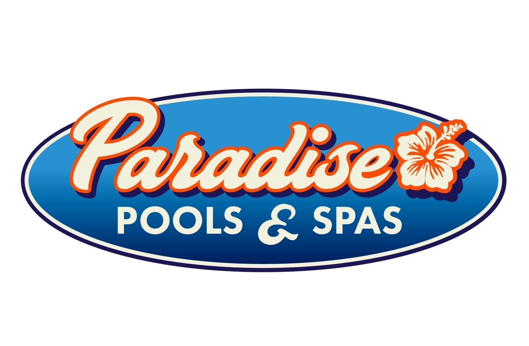 the logo for paradise pools and spas is a blue oval with a flower on it .