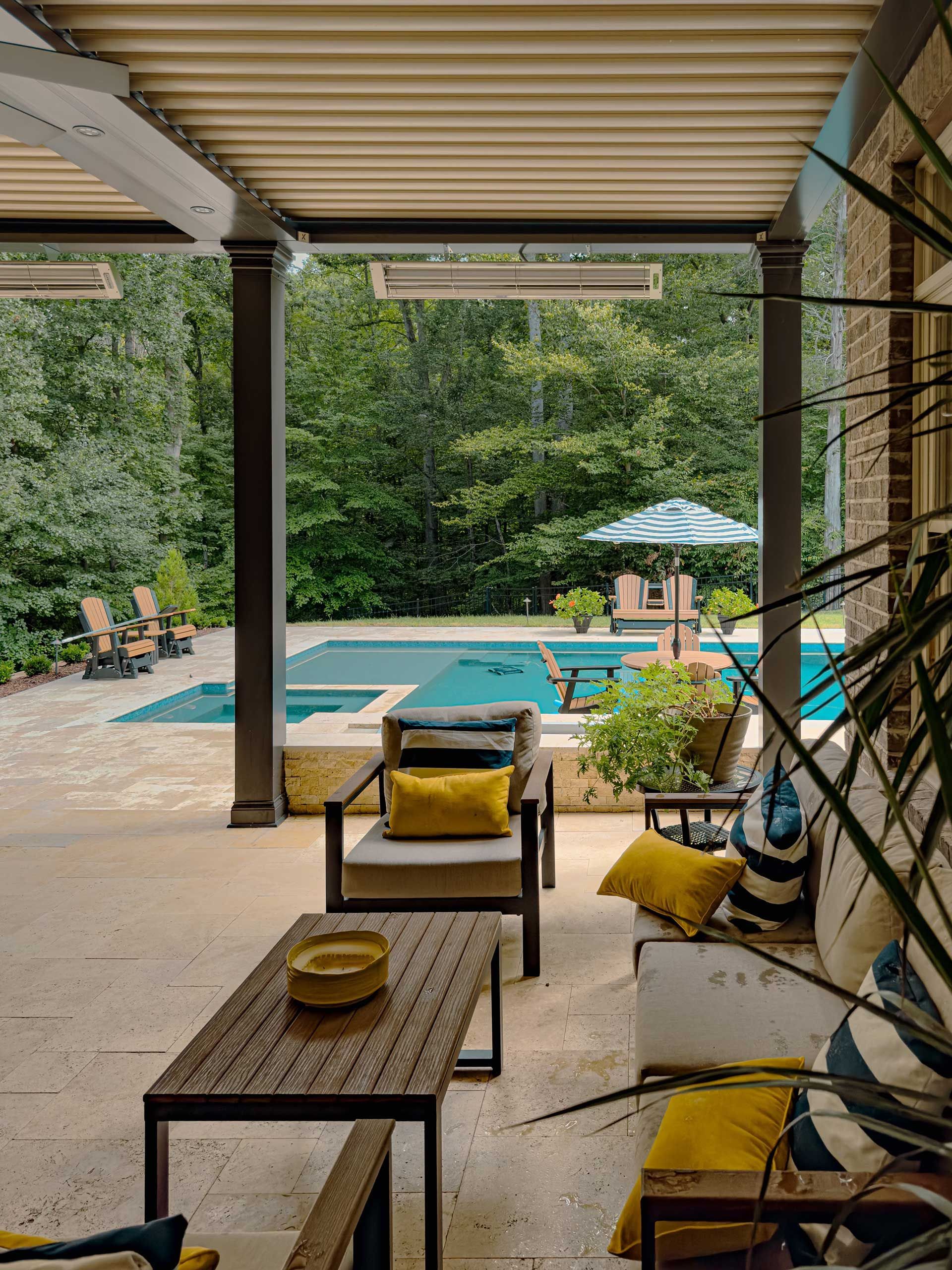 A patio with furniture and a pool in the background