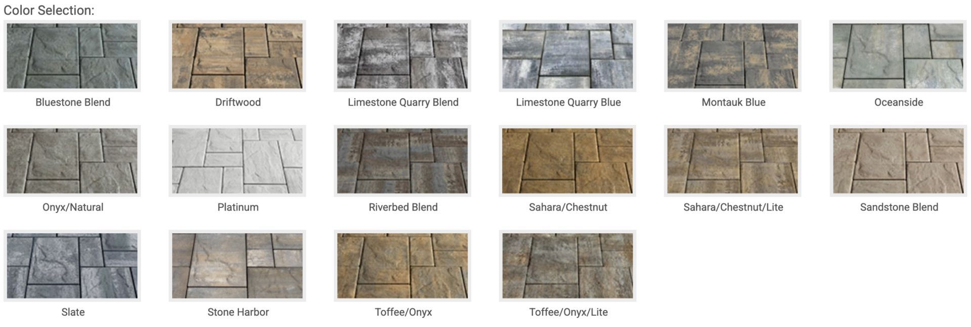 Color swatches of stone tile patterns in various colors, arranged in rows.