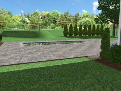 A computer generated image of a backyard with a pool and trees