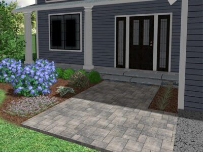 A computer generated image of a house with a patio in front of it.