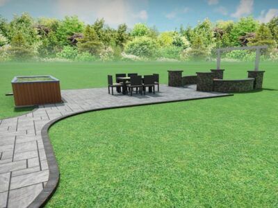 A 3d rendering of a patio with a table and chairs