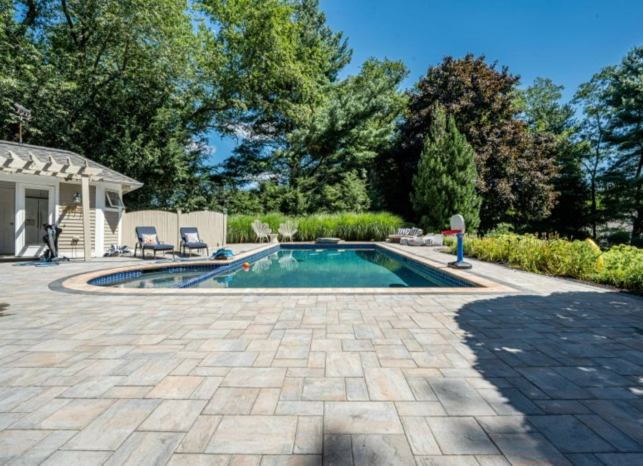 A large swimming pool is surrounded by trees and a patio.