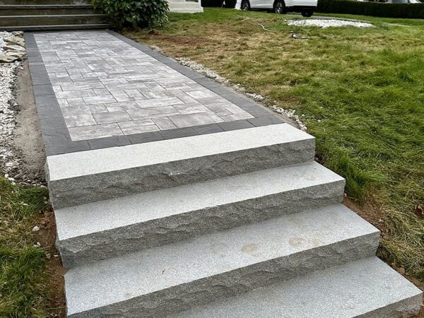A stone walkway with stairs leading up to a house.
