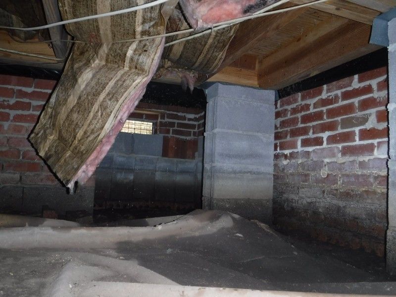A brick basement with a few pieces of insulation hanging from the ceiling
