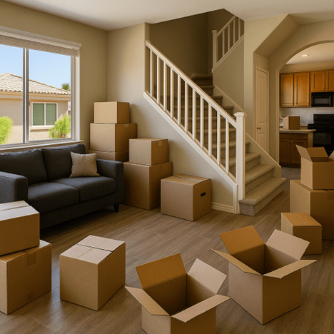 Living room with moving boxes and a couch near a staircase, suggesting a home move.