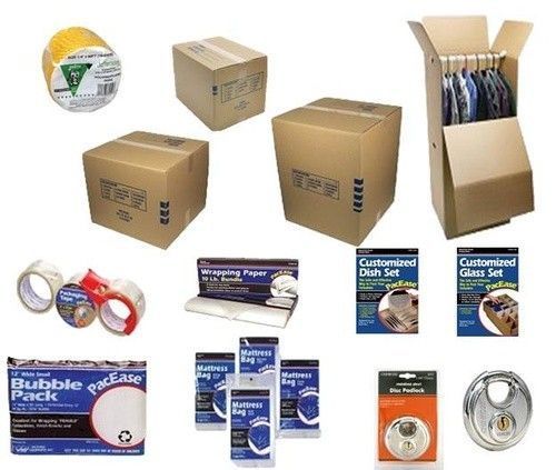Assorted packaging supplies and boxes, including bubble wrap, tape, labels, and shipping cartons.