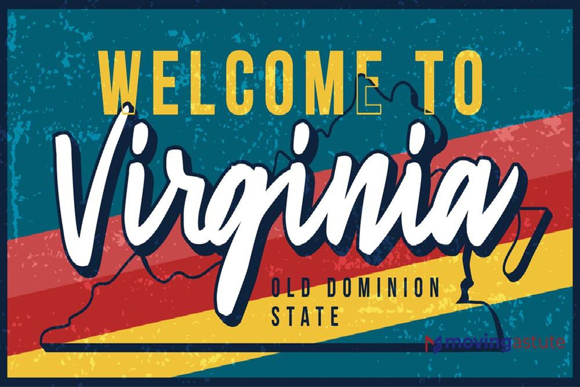Welcome to Virginia sign with bold white script over red, yellow, and blue state colors