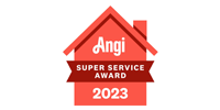 Angi Super Service Award 2023 badge in red and white shaped like a house