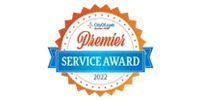 Orange and blue “Premier Service Award 2022” badge with ribbon seal