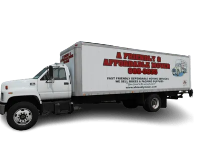 White box truck with company lettering on the side, shown in profile on a white background