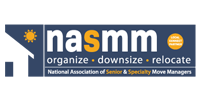 NASMM logo with white text on navy, gold sun icon, and tagline “organize, downsize, relocate”