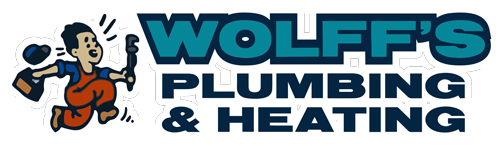 Logo of Wolff's Plumbing & Heating, with a cartoon plumber running with tools.