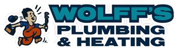 Logo of Wolff's Plumbing & Heating, with a cartoon plumber running with tools.