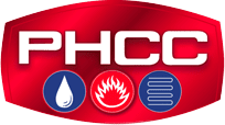 PHCC logo: White letters on a red background with a water droplet, flame, and coil symbols in blue and red.