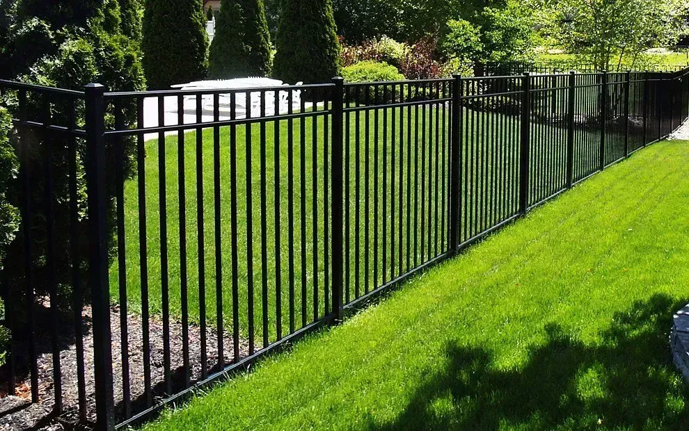 Black metal fence bordering a green lawn in a sunny yard.