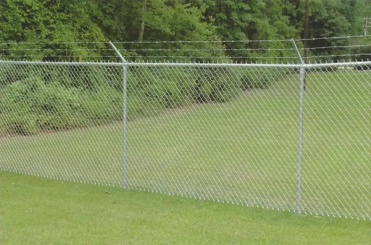 Chain-link fence with barbed wire on top, in front of grass and greenery.