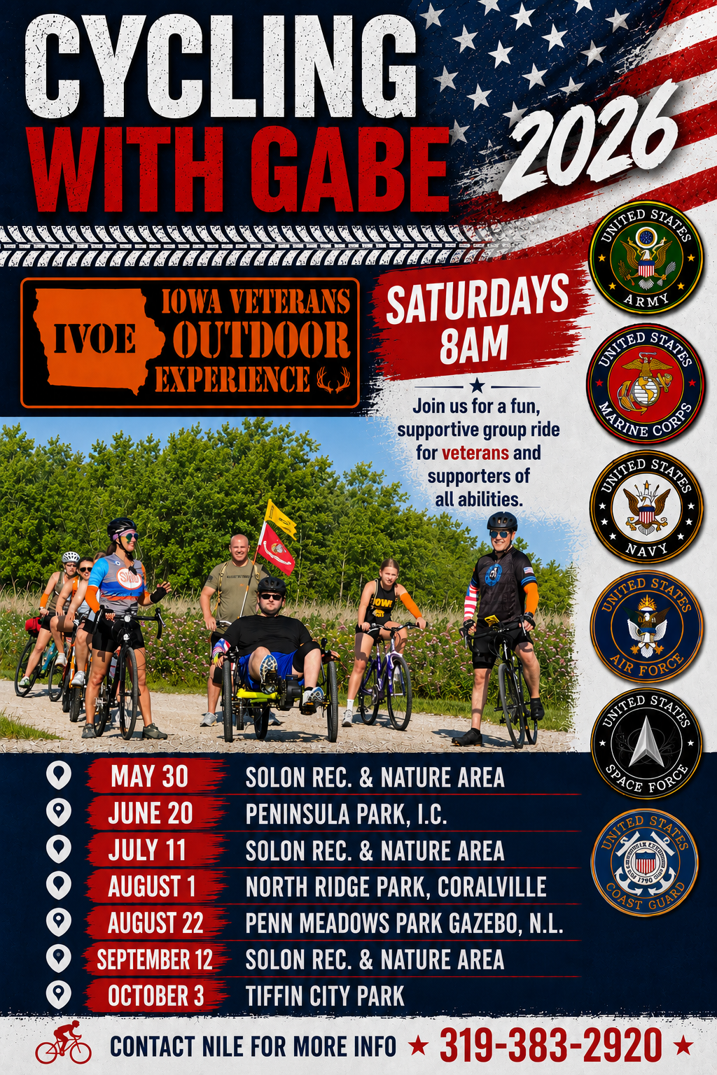Cycling With Gabe 2026 event flyer with dates, rides, and sponsor logos on a patriotic background