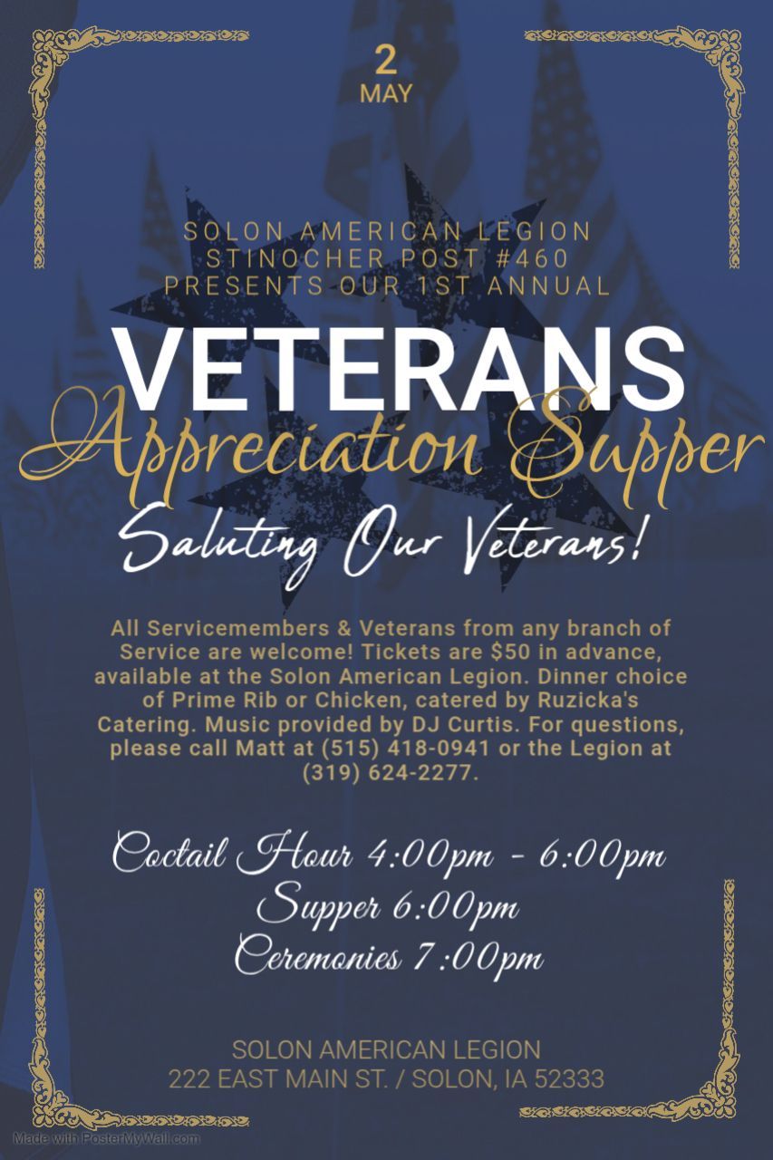 Poster for a Veterans Appreciation Supper at the Colon American Legion on May 2nd, featuring schedule and details.