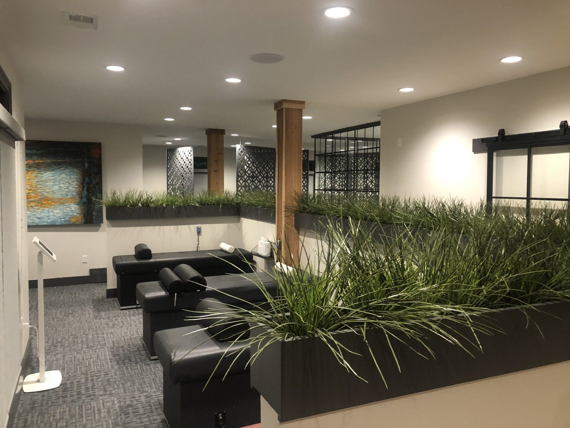 A living room with a lot of furniture and plants.