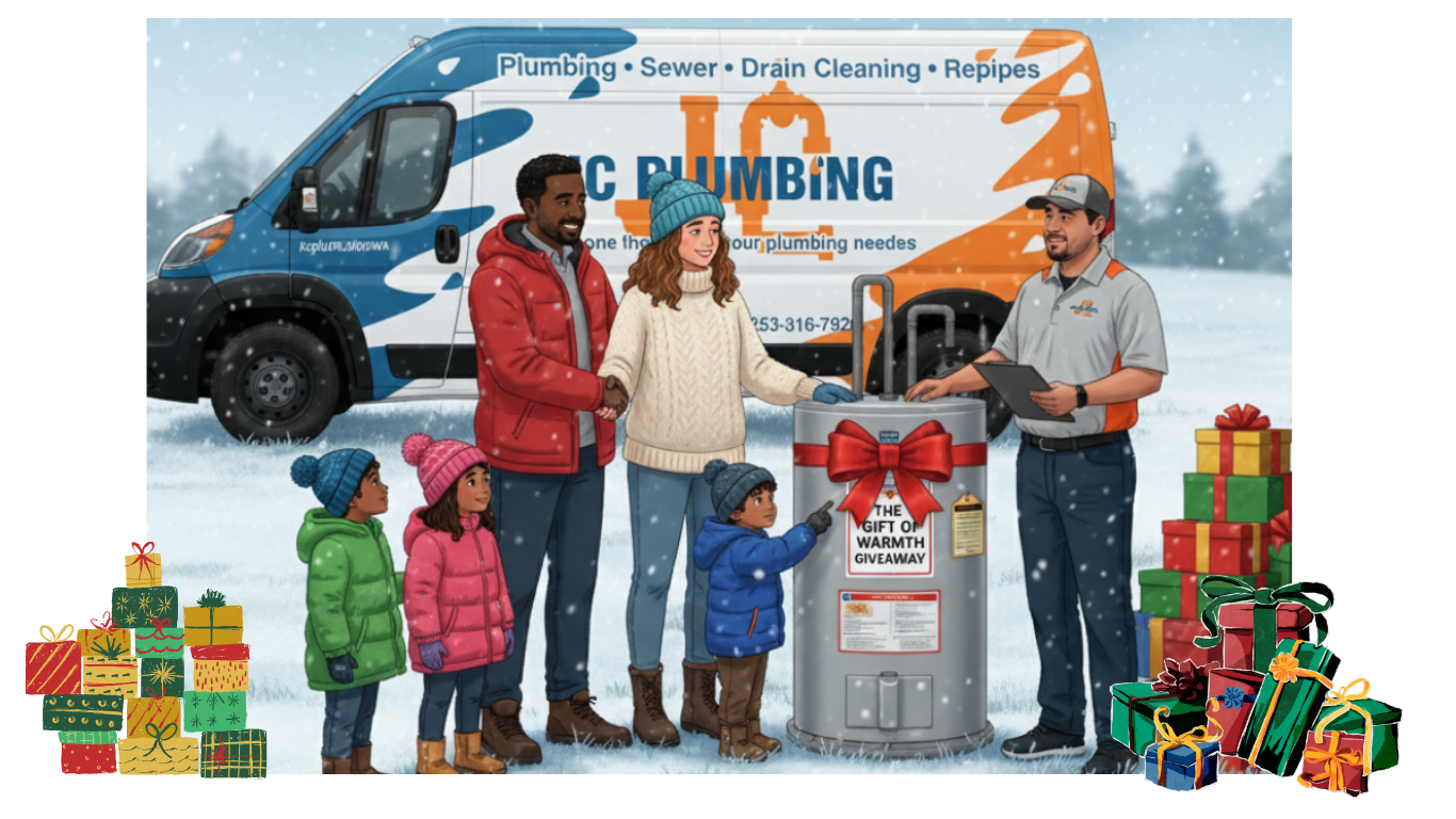 Family receives new water heater with a bow, gift-wrapped, from JC Plumbing in a snowy setting with presents
