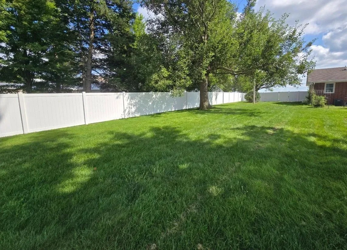 Green lawn with white fence and tree, sunny day.