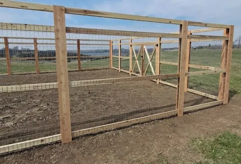 Wooden frame of a garden enclosure under construction, with wire mesh siding.