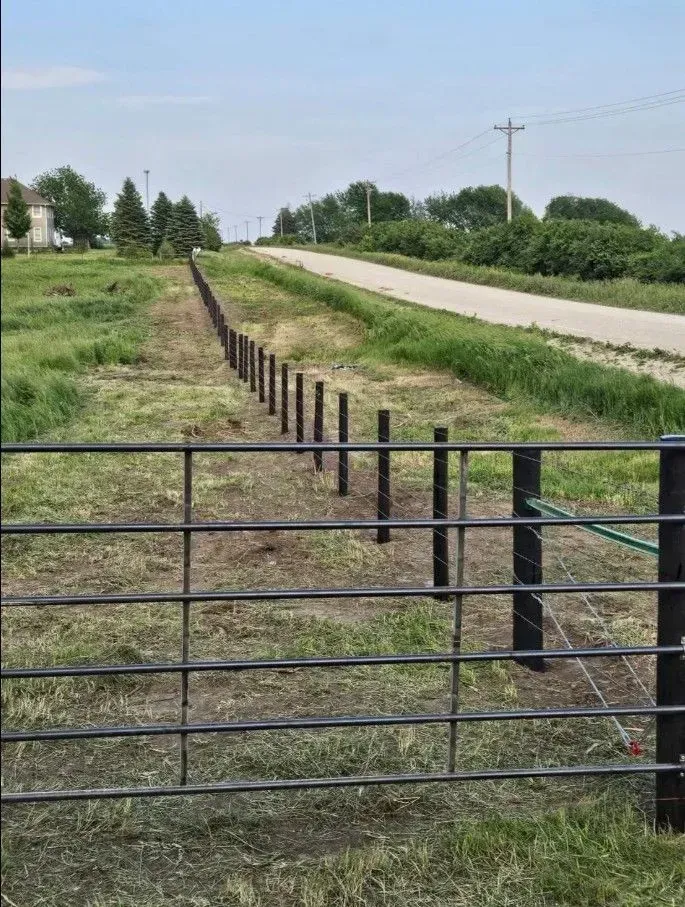 Black fence and gate along grassy area next to a paved road with utility poles.