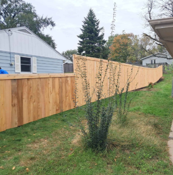 Wooden fence along a grassy yard beside a house, with tall shrubs and trees in the background.