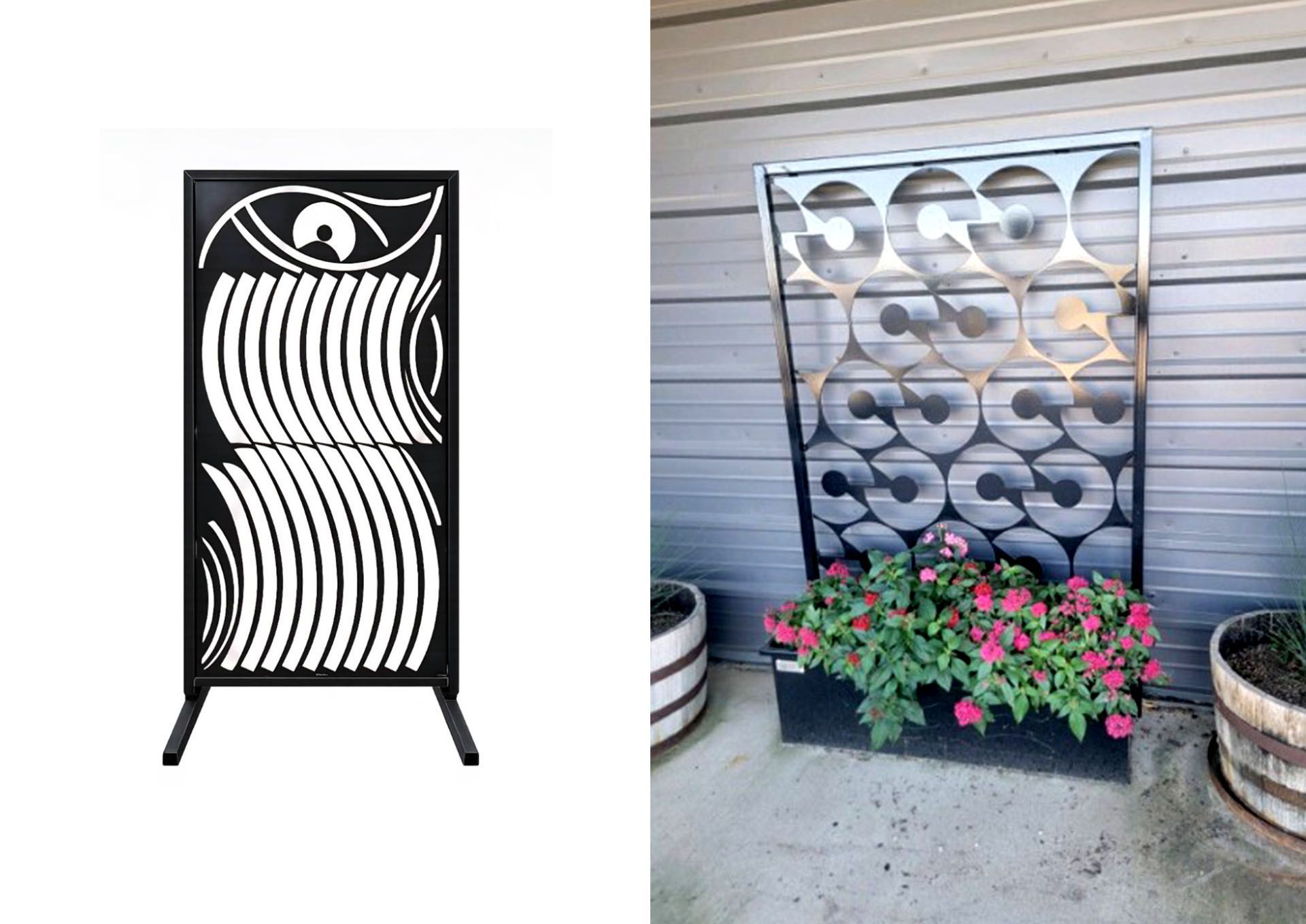 A split image showing a black metal decorative accent panel with wave patterns on the left and a circular metal trellis on the right