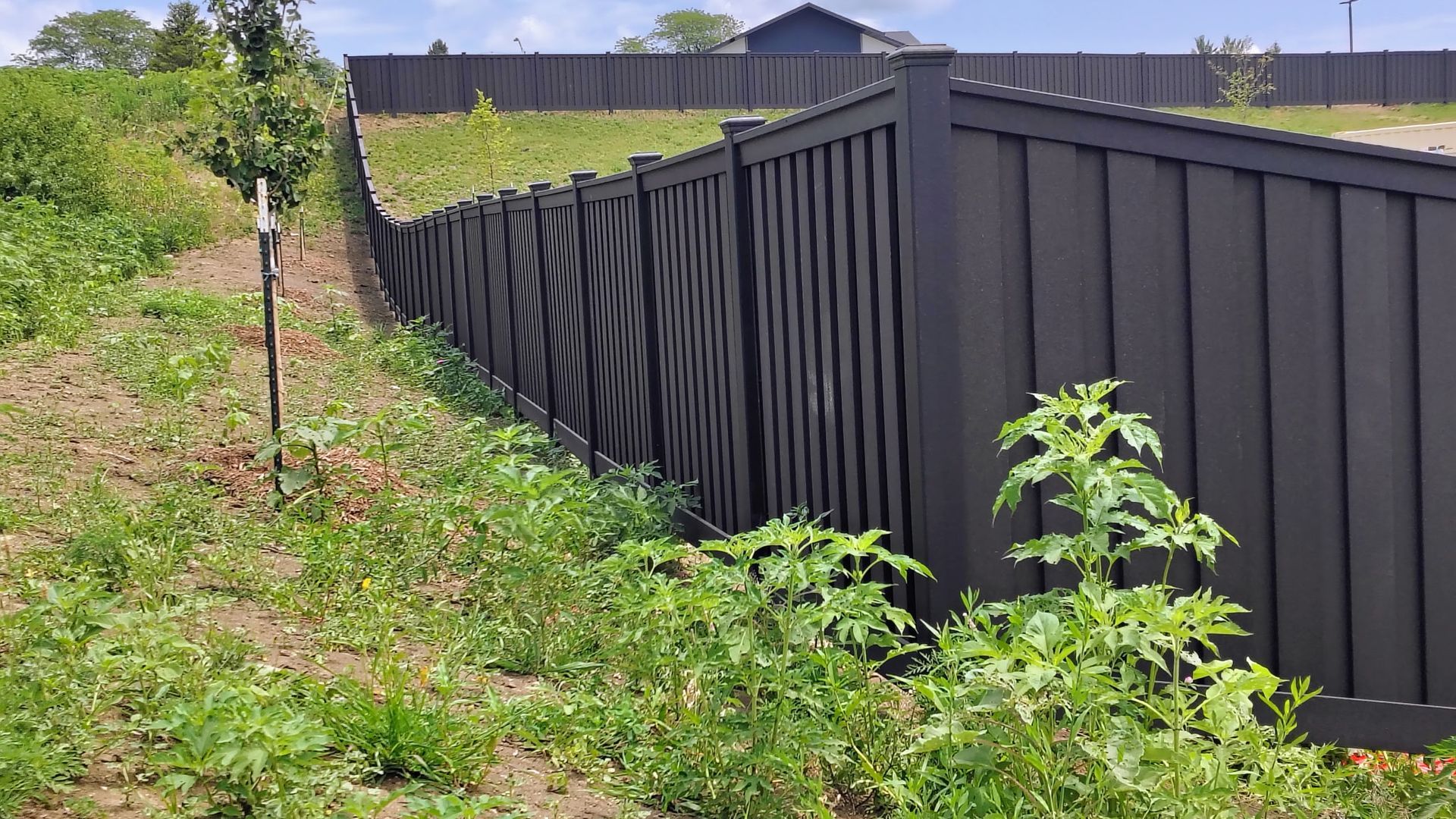 Black fence leaning along a grassy, overgrown slope beside a paved path under a cloudy sky