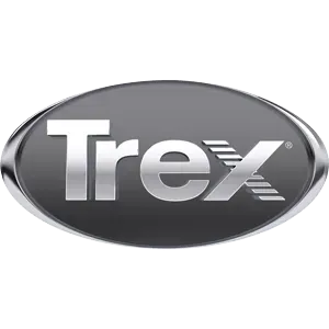 Trex logo in silver letters on a gray oval background with a chrome border.