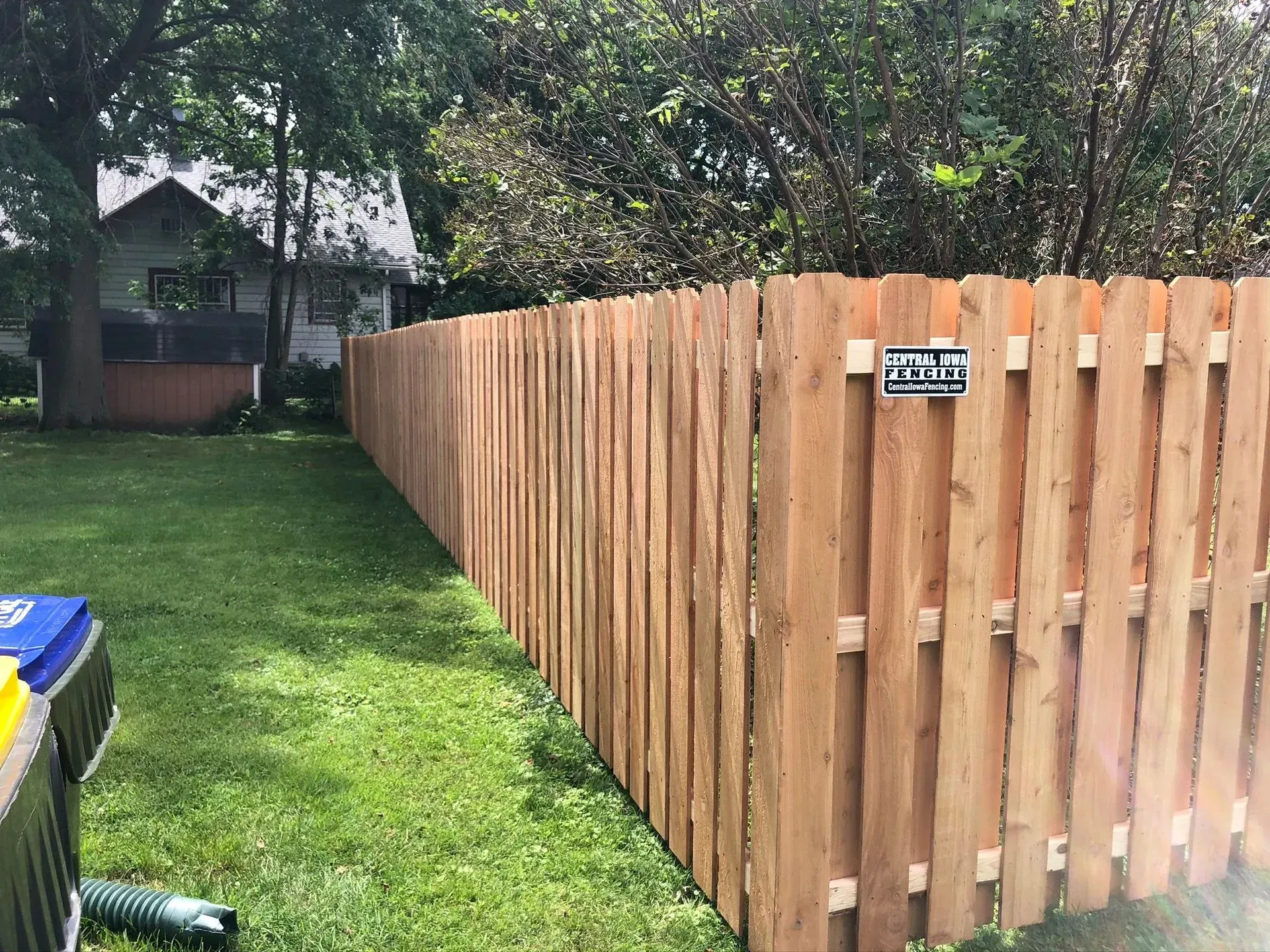 Wooden fence in a backyard; green grass and trees in the background, a house is visible.
