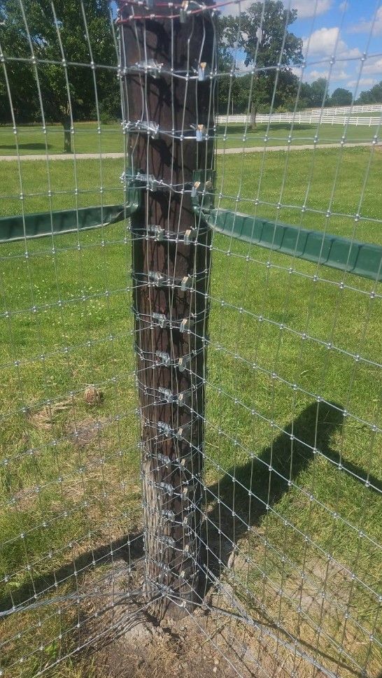 Wire mesh horse fence wrapped around a wooden post in a grassy field under a sunny sky
