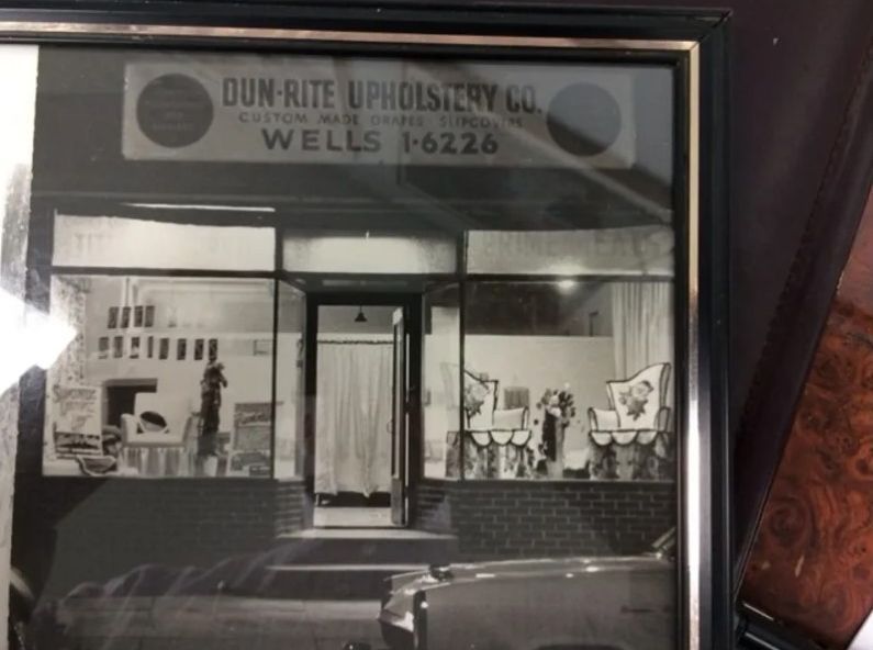 A black and white photo of dun rite upholstery co.