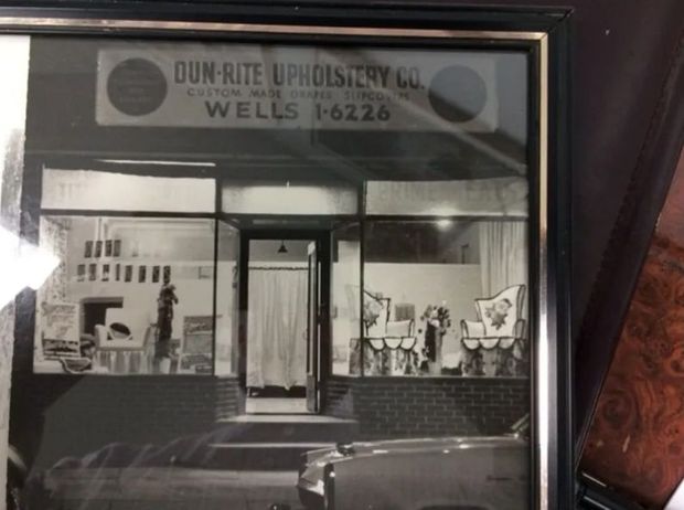 A black and white photo of dun rite upholstery co.